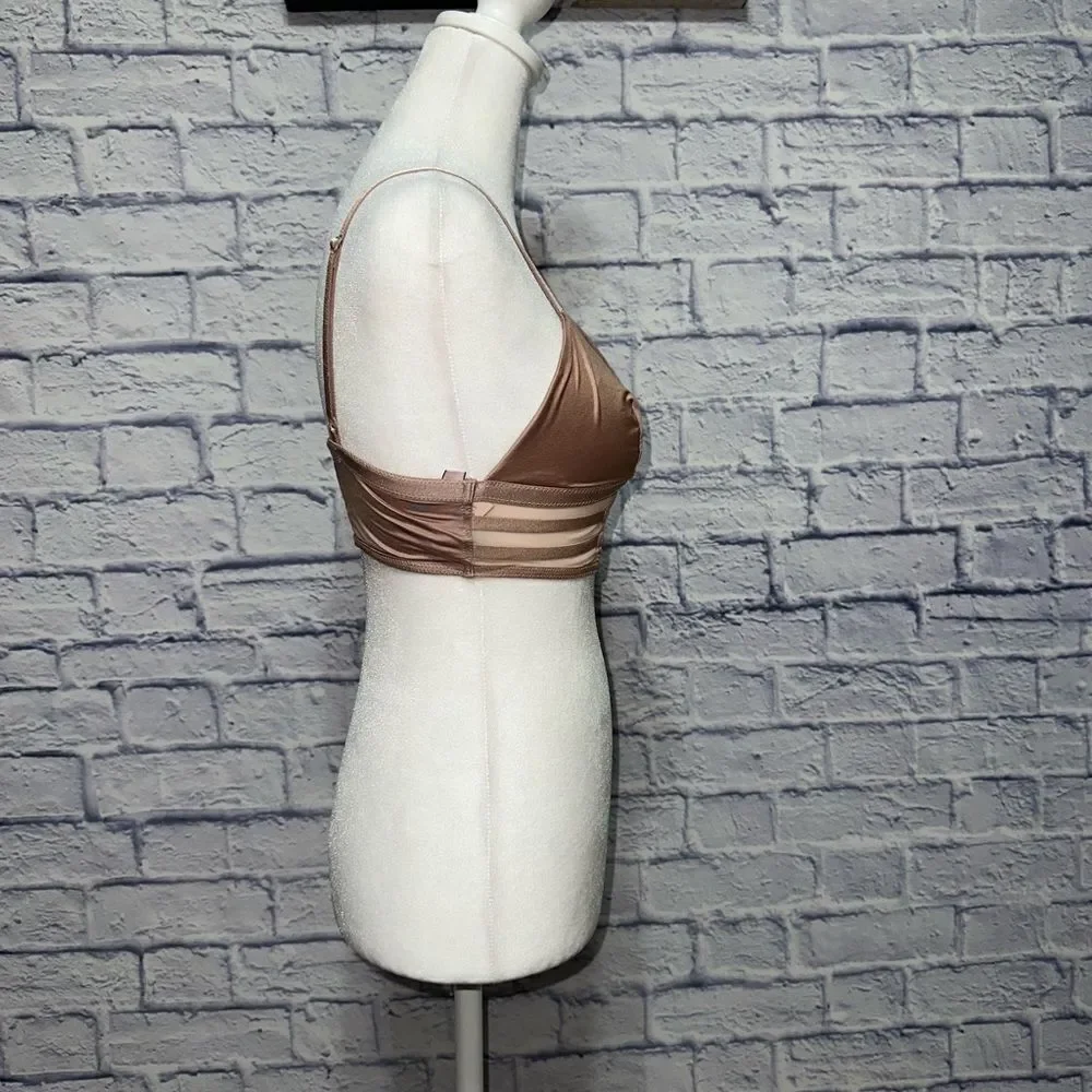 Victoria Secret Bra Strappy Mesh nude long line Satin beige sheer bralette Small